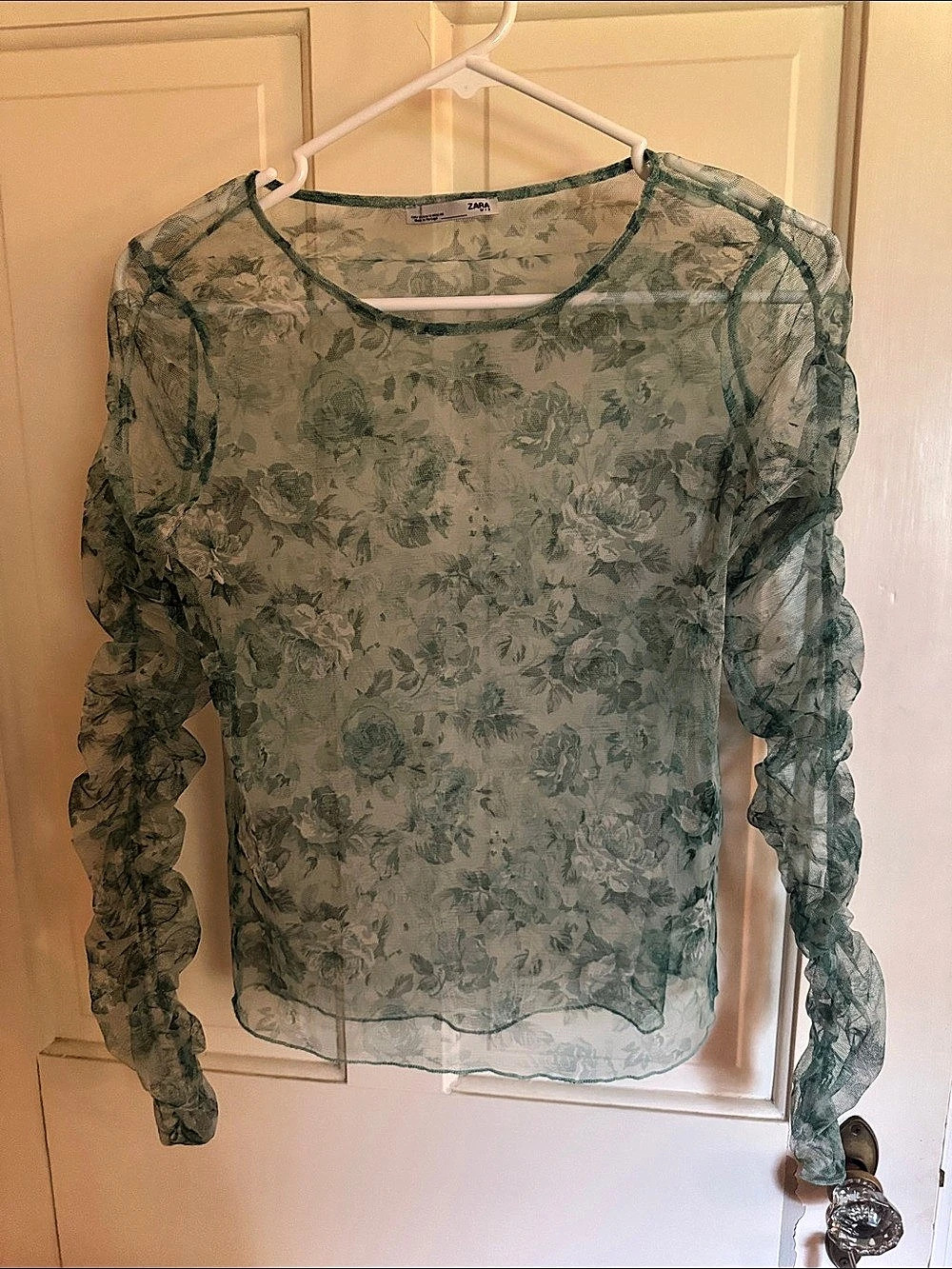 Zara Sheer Floral Mesh Top Green Size Medium